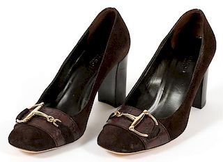GUCCI BROWN SUEDE AND EMBOSSED LEATHER PUMPS