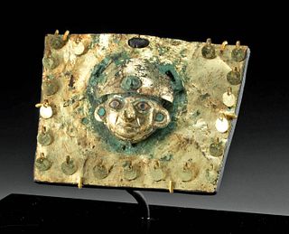 Moche Gilt Nose Ornament, Inlaid Stones & Ai Apaec God