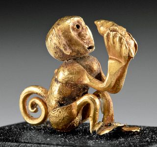 Miniature Narino Gold Monkey Ornament Holding Fruit