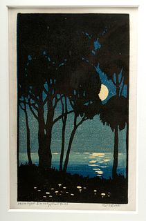 William Rice Woodblock - "Moonlight Eucalyptus Trees"