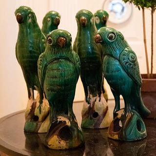 Group of Six Chinese Export Glazed Earthenware Models of Parrots