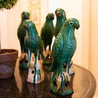 Group of Five Chinese Export Glazed Earthenware Models of Parrots