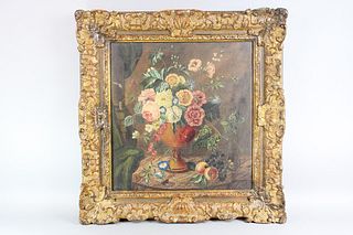Antique 19th C. Still Life Painting of Flowers, Oil on Board in Gilt Frame