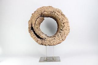 Wheel Shaped Wood Architectural Sculpture on Metal Base