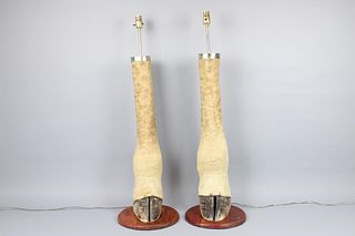 Pair of 3-ft Tall Giraffe Feet Hoof Lamps on Wood Bases