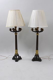 Pair of Antique French Empire Bronze & Gilt Candelabra Lamps