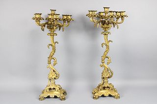 Pair of Tall Antique Rococo Style Gilt Bronze Candelabras, Snakes
