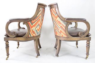 Pair of Brown Leather Jockey Club Chairs w/Modern Fabric Backs