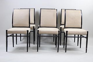 Set of 6 Black Faux Bamboo Dining Chairs, Chinoiserie, Upholstered