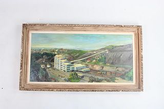 Mid-Century Modern Panoramic Painting of Industrial Building, Olga Matuck 1954