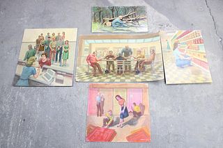 Lot of 5 Paintings of Domestic & Retail Scenes, Reber c. 1990s