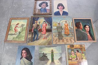 Lot of 9 Paintings Featuring Women, Signed Reber, 1990s