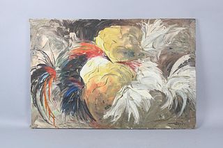 Abstract Painting of Cock Fight, Signed 1971