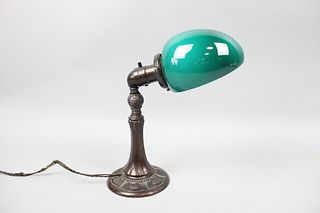 Art Dec Green Glass Desk Lamp with Ornate Bronze Base