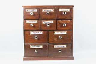 Antique 10-Drawer Wood Apothecary Cabinet with Glass Labels and Pulls