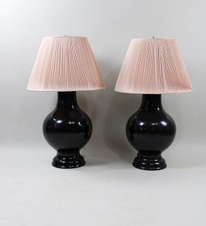 Pair of Huge Black Laquered Wood Ginger Jar Shaped Lamps