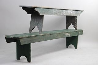 Lot of 2 Primitive Farmhouse Green Painted Wood Benches