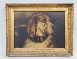 Antique Framed Oil Painting of a Dog
