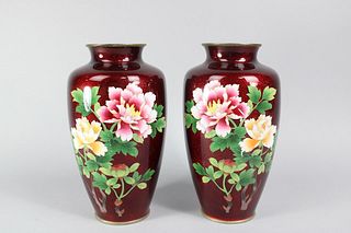Pair of Japanese Akasuke Pigeon Blood Enamel Cloisonne Vases
