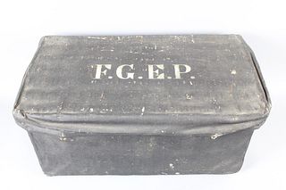 Black Canvas Covered Wicker Chest, Marked F.G.E.P.