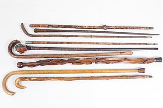 Collection of 9 Carved Folk Art Wood Canes