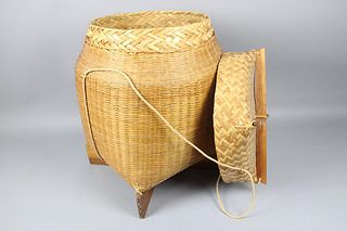 Large Thai Woven Bamboo Wicker Basket with Lid and Wood Platform