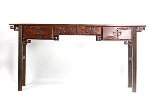 Antique Chinese Altar Table , Carved 4-Drawer Chinoiserie Console