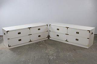 Pair of Mid-Century Modern White Campaign Style Chests of Drawers