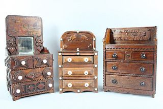 Lot of 3 Tramp Art Miniature Wooden Chests of Drawers, Dresser Boxes