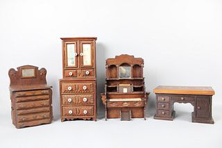 Lot of 4 Tramp Art Miniature Wooden Furniture, Dresser Boxes