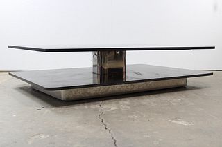 Large Mid Century Modern Black Marble 2-Tier Coffee Table