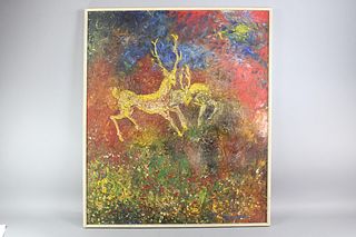Naive Expressionist Painting of Gold Deer