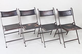 Set of 4 Black Metal Folding Chairs with Leather Seats