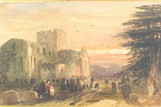 19th C Antique Landscape Watercolor with Ruined Castle and Funeral