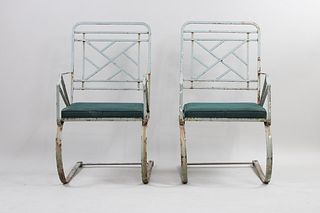 Pair of Chinese Chippendale Iron Outdoor Patio Springer Chairs