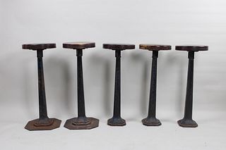 Set of 5 Cast Iron Industrial Bar Stools with Wooden Seats