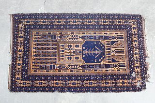 Small Blue & Orange Wool Oriental Prayer Rug