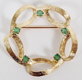 14KT YELLOW GOLD AND EMERALD BROOCH