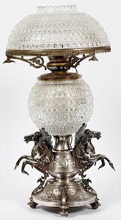 VICTORIAN SILVER PLATE AND CRYSTAL LAMP