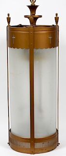 CYLINDRICAL BRASS AND GLASS CHANDELIER CIRCA 1920