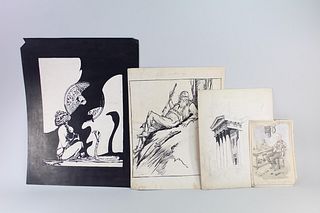 Lot of 4 Vintage Hand-Drawn Pen Sketches Illustrations
