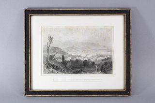 Antique Etching of View of Academy Hill Hudson NY & Catskill Mountains
