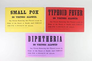 3 Antique Quarantine Signs, Typhoid Diptheria Small Pox