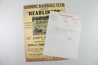 Ossining Baseball Club New York Ad Poster & Letter 1938
