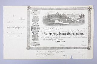 Unused Lake George Steam Boat $100 Stock Certificate, 1850s