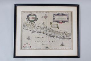 Framed Antique 1630 Map of Chile, Willem Janszoon Blaeu