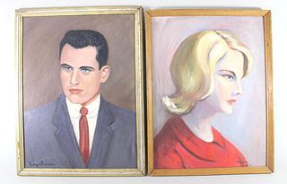 Pair of Portrait Paintings, Mid-Century Modern Couple