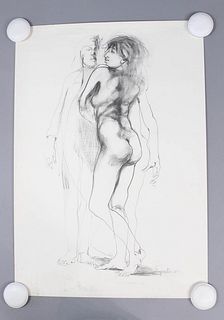 Figural Female Nude Drawing by J Zapata, Signed 1984