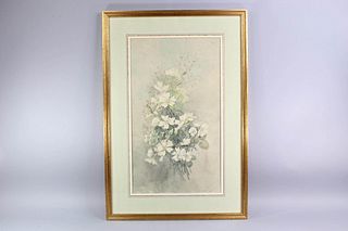 Framed Watercolor Painting of a White Floral Bouquet, Signed 1883