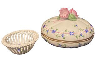 HEREND Porcelain Floral Trinket Jewelry Box & Basket 